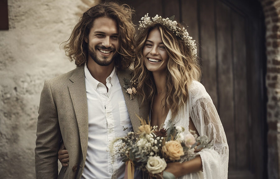 Yakynuka Boho Bride And Groom Outside Of The Church Smiley. Pro 71373e43 9fbb 47c9 A7e2 Ec88ee8fcb7b